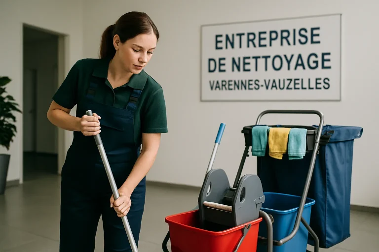 Professionnel nettoyant un appartement insalubre à Varennes-Vauzelles avec des produits de désinfection.