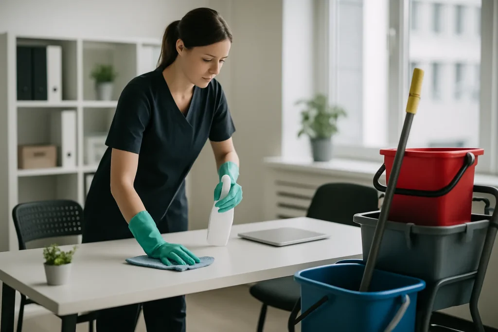 Un professionnel du nettoyage intervenant dans un appartement insalubre à SAINT-ELOI, avec des équipements de nettoyage.