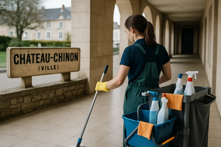 Un professionnel du nettoyage dans un appartement à Château-Chinon, avec des fournitures de nettoyage.