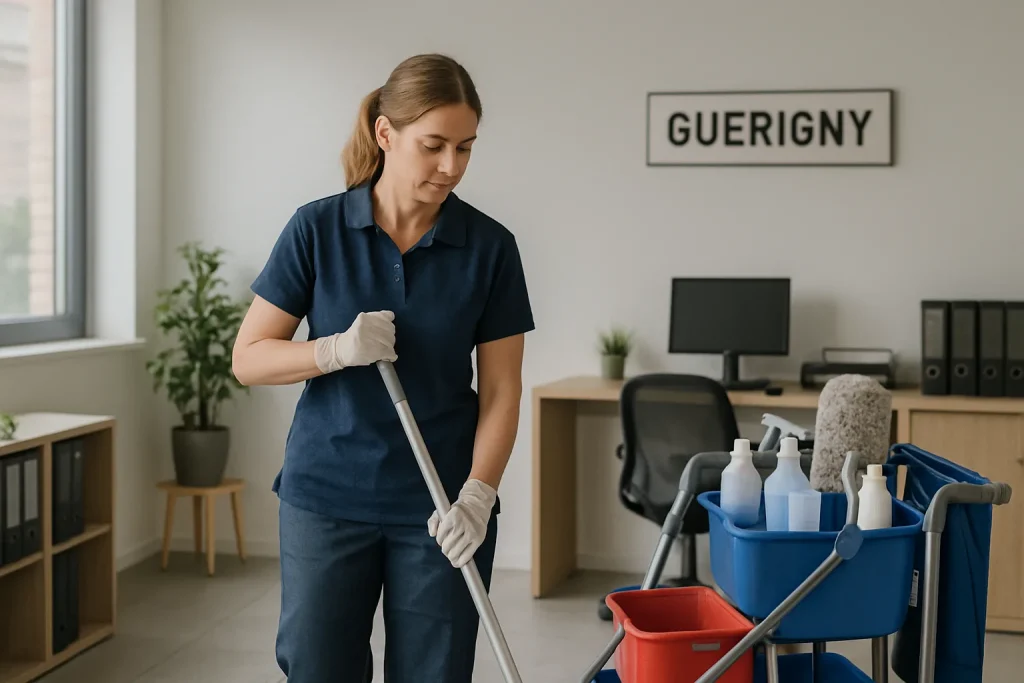 Équipe de nettoyage à Guerigny désinfectant un appartement avec des produits écologiques.
