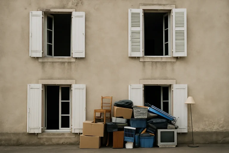 Façade d'un bâtiment à Varennes-Vauzelles avec fenêtres ouvertes et objets empilés.