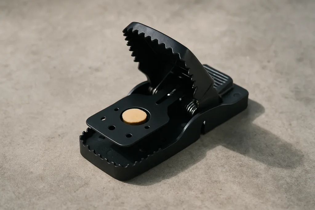 Piège à rats moderne placé sur un sol en béton, éclairé par une lumière naturelle douce