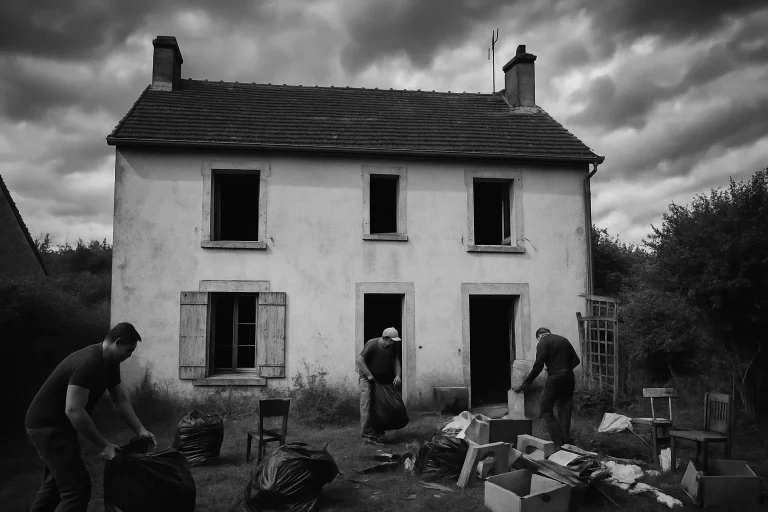 Scène en noir et blanc de travailleurs vidant une maison à Clamecy, jardin visible.
