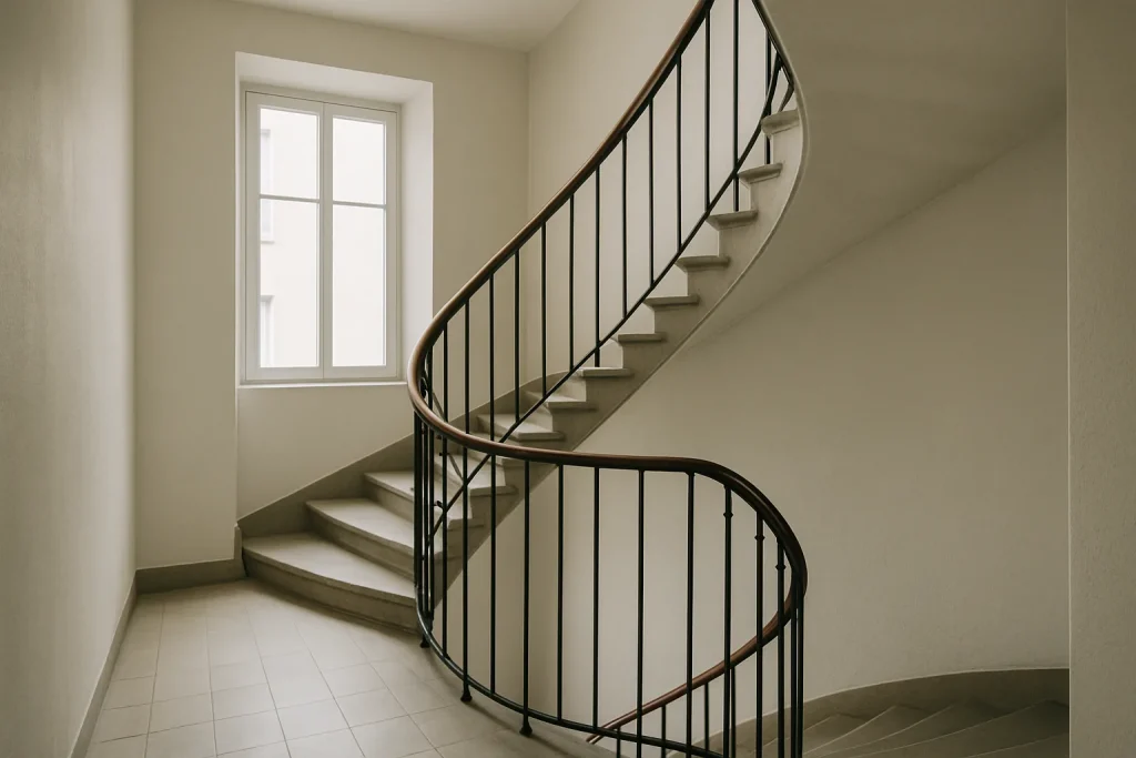 Cage d'escalier propre à Nevers, lumière naturelle, vue en colimaçon.
