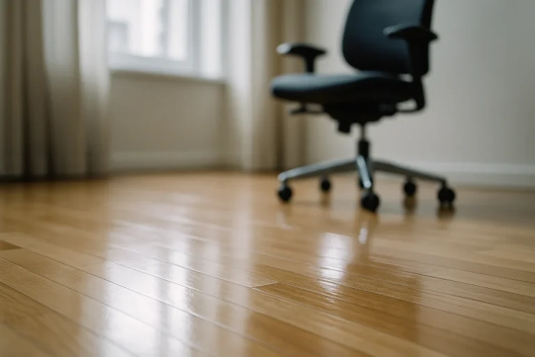 Sol de bureau brillant à Nevers avec chaise en arrière-plan, lumière naturelle