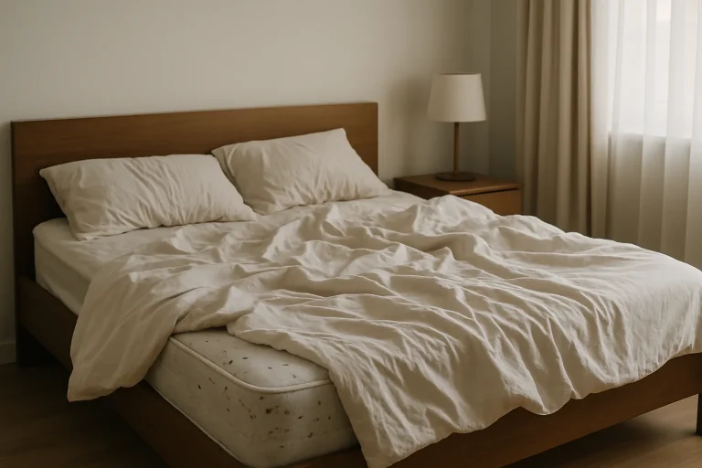 Chambre avec lit infesté par des punaises à La Charité-sur-Loire, besoin de désinfection.