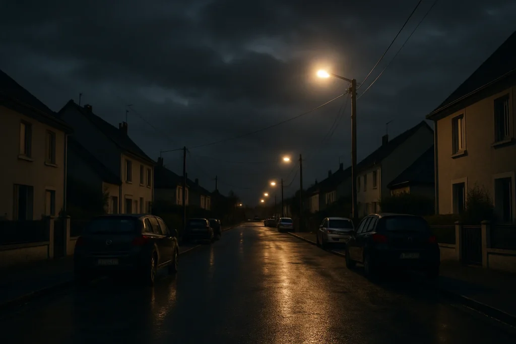 Rue résidentielle à Imphy de nuit, éclairée par un réverbère, sol humide.