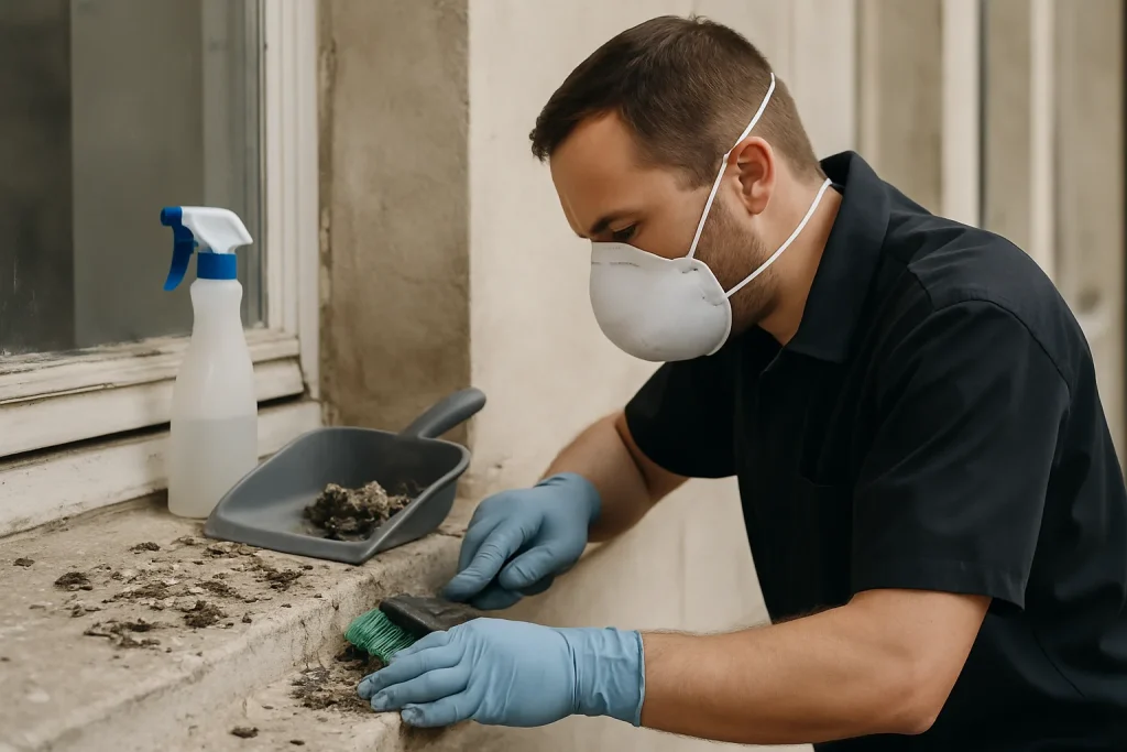 Professionnel nettoyant des fientes de pigeons sur un rebord de fenêtre avec masque et gants.