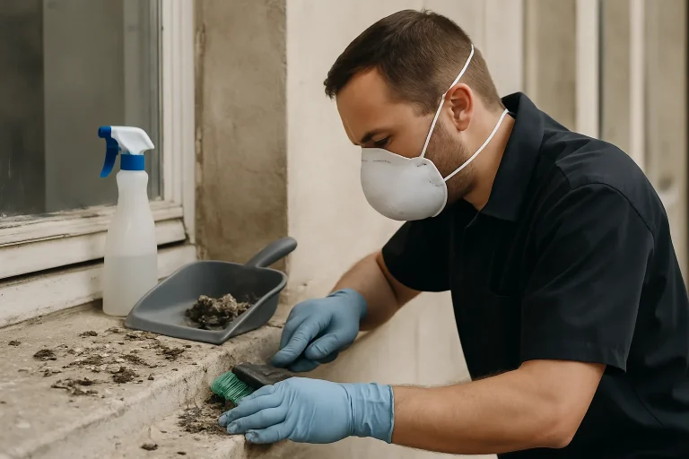 Professionnel nettoyant des fientes de pigeons sur un rebord de fenêtre avec masque et gants.