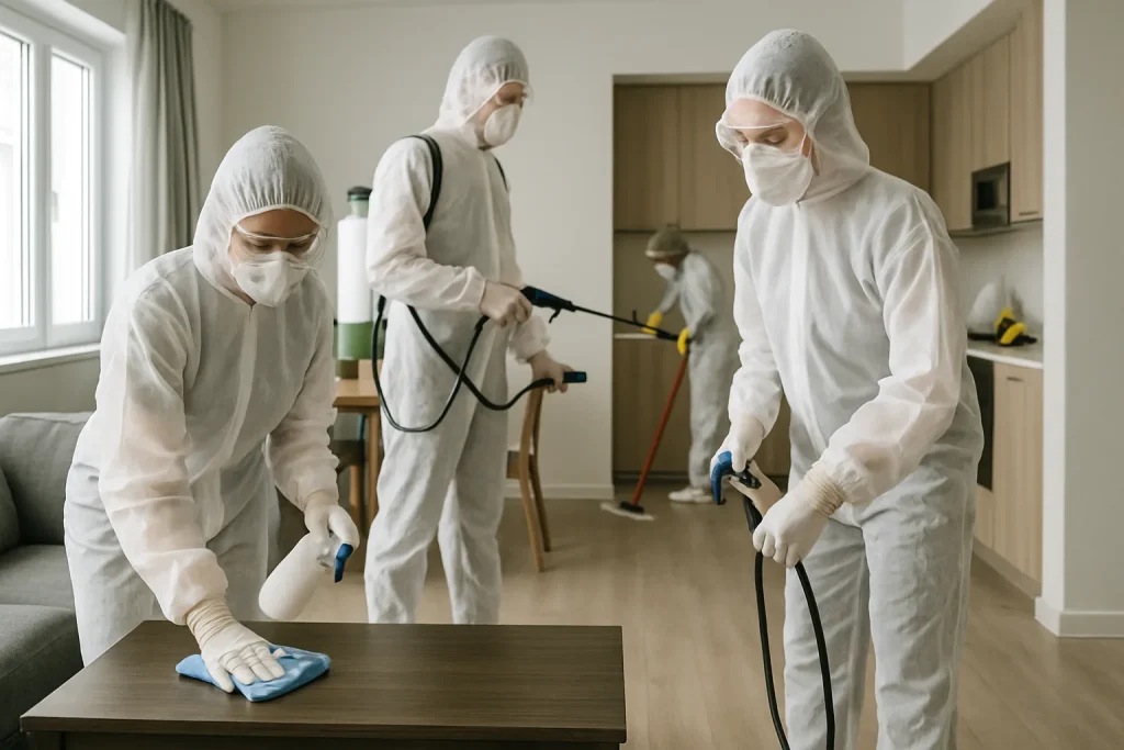 Équipe de nettoyage en tenue de protection désinfectant un appartement.