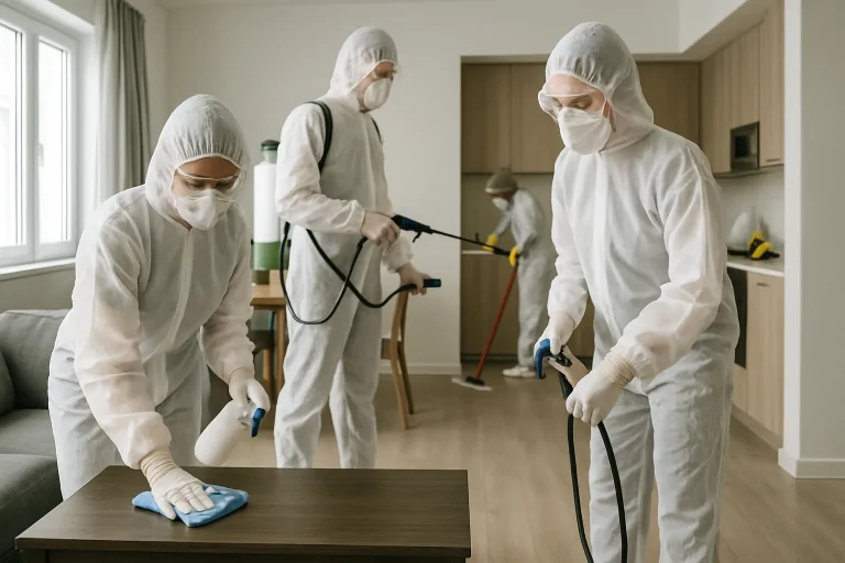 Équipe de nettoyage en tenue de protection désinfectant un appartement.