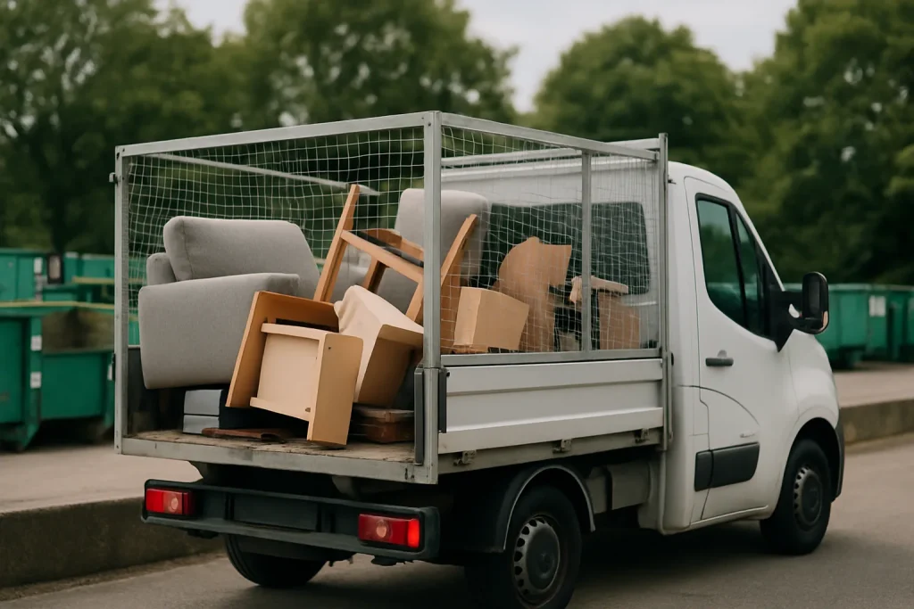 Camion de débarras devant une déchetterie à Cosne-Cours-sur-Loire avec objets encombrants.