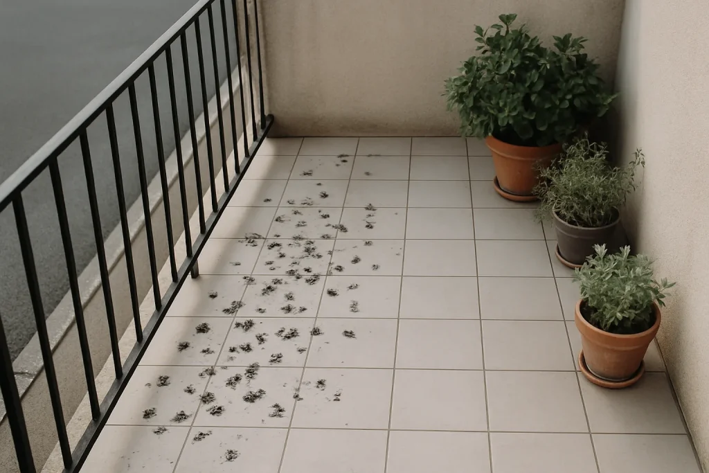 Balcon à Clamecy couvert de fientes de pigeons, plantes en pot sur le côté.