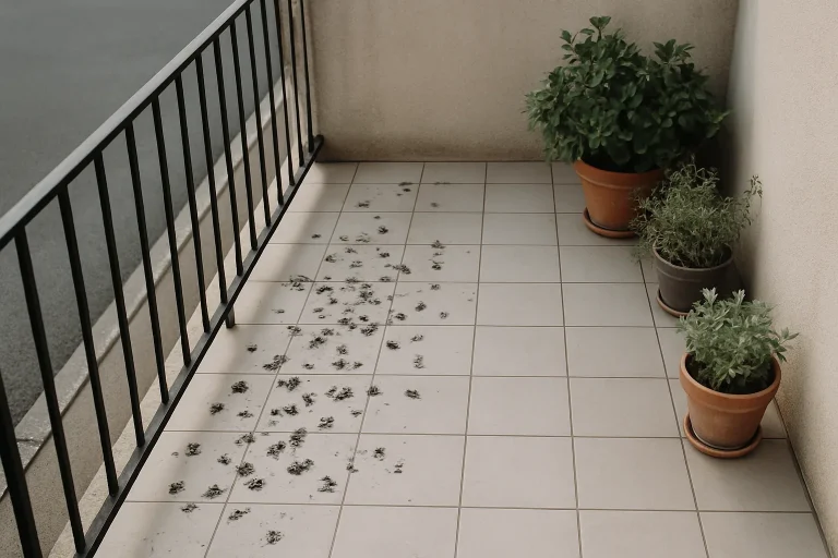 Balcon à Clamecy couvert de fientes de pigeons, plantes en pot sur le côté.