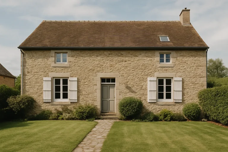 Maison en pierre dans le Morvan avec un jardin, ciel nuageux en arrière-plan.