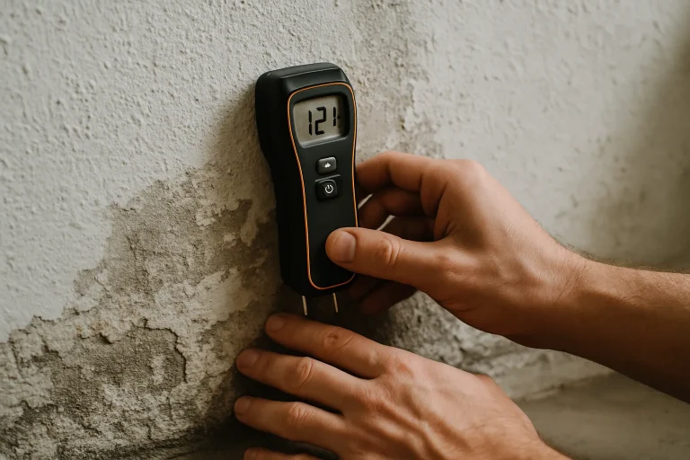 Mains utilisant un appareil de mesure sur un mur endommagé après sinistre