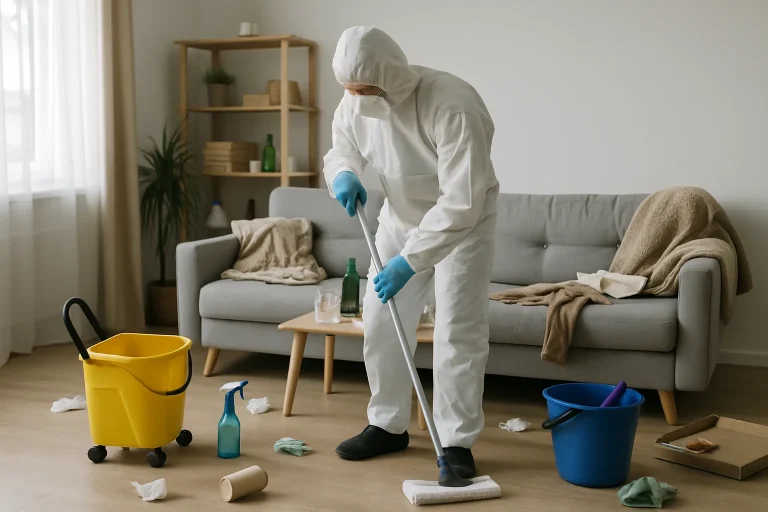 Un nettoyeur en combinaison blanche nettoie un intérieur désordonné après un squat.