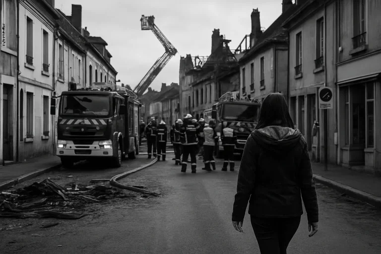 Rue de Decize avec équipes de secours après sinistre, en noir et blanc.