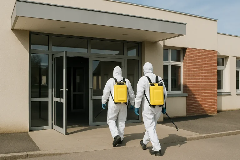 Équipe de désinfection entrant dans un bâtiment public en Nièvre, en journée.