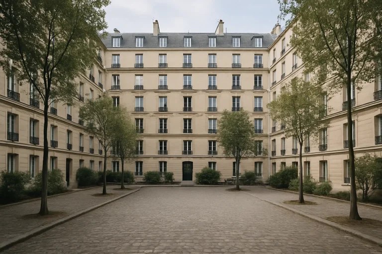 Cour d'immeuble avec sol pavé et arbres dans la Nièvre, prête pour nettoyage.