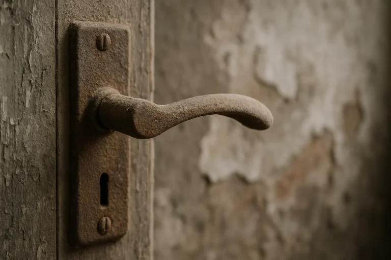 Gros plan sur une poignée de porte rouillée et poussiéreuse d'un logement insalubre.