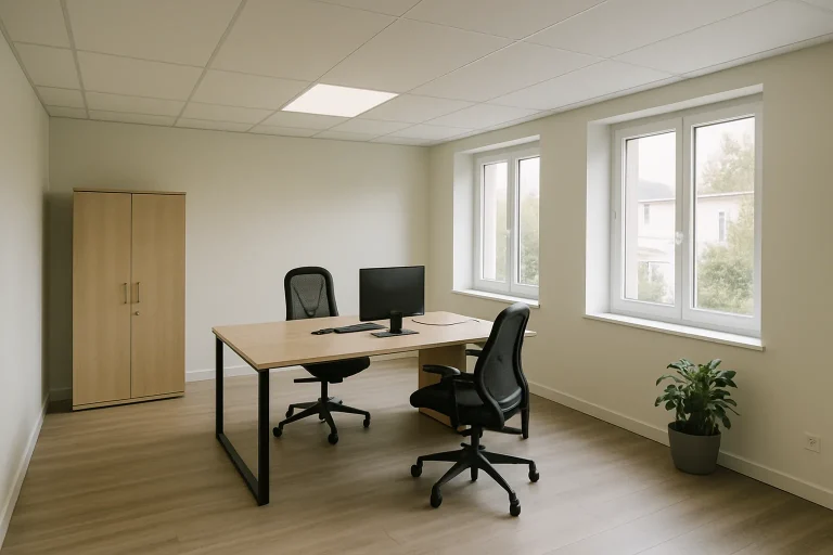 Bureau rénové à Imphy avec mobilier moderne et sols impeccables, lumière naturelle