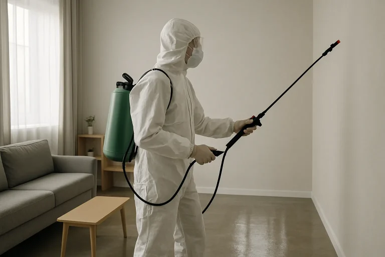 Technicien en combinaison désinfectant les murs d'une maison insalubre, sol humide.
