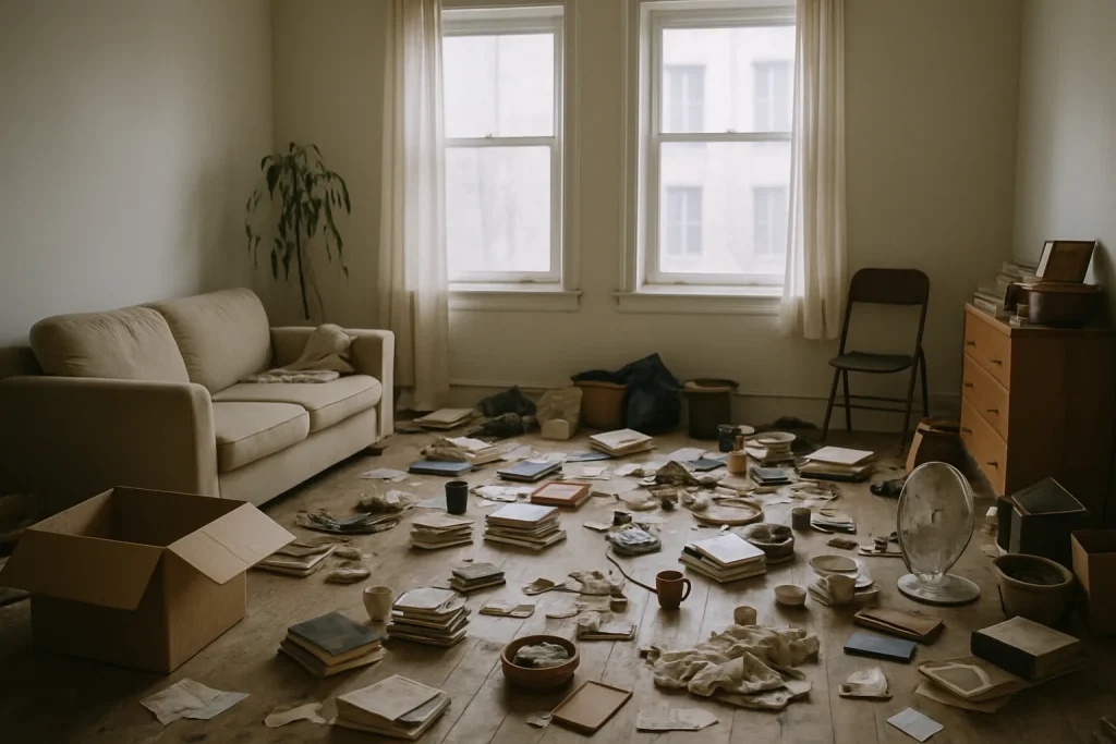Intérieur encombré d'un appartement Diogène avec lumière douce à Cosne-Cours-sur-Loire
