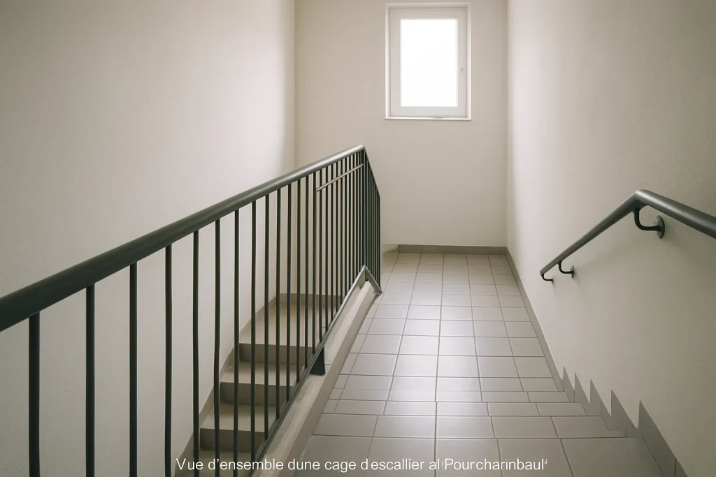Cage d'escalier d'immeuble propre à Fourchambault avec lumière naturelle, sol en carrelage.