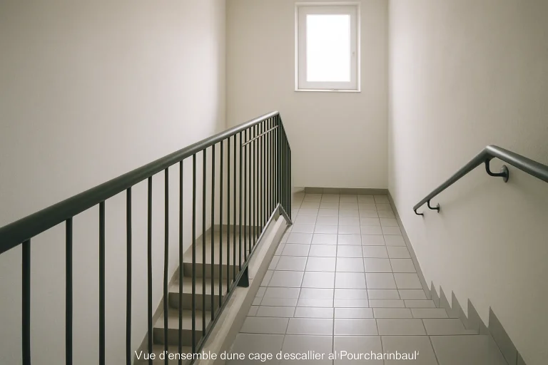 Cage d'escalier d'immeuble propre à Fourchambault avec lumière naturelle, sol en carrelage.