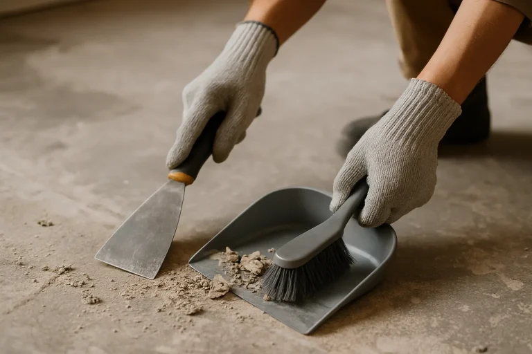 Des mains gantées utilisant des outils pour nettoyer un sol encombré de débris.