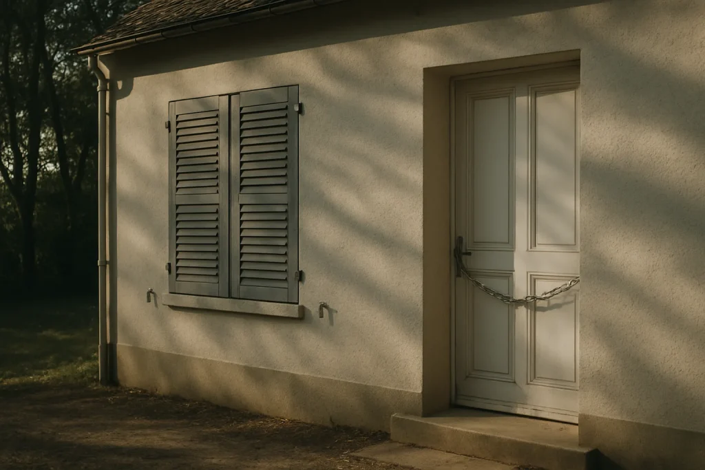 Maison avec volets fermés et chaîne sur la porte, arbres en arrière-plan