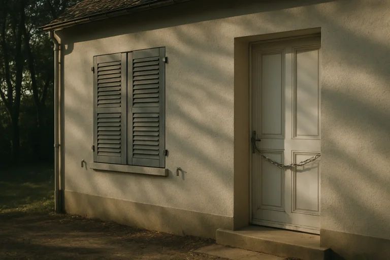 Maison avec volets fermés et chaîne sur la porte, arbres en arrière-plan
