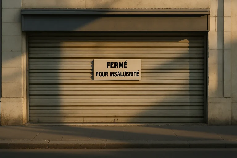 Un commerce nivernais avec un panneau indiquant fermeture pour insalubrité, stores baissés.