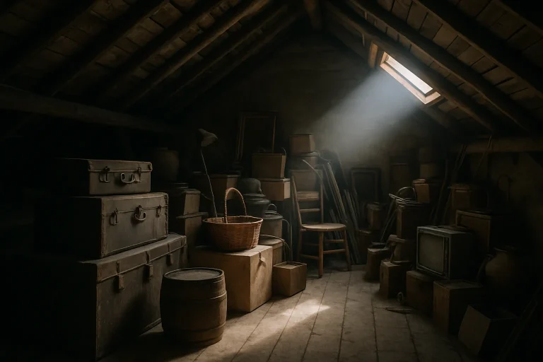 Grenier encombré avec objets anciens, éclairé par une lucarne laissant passer la lumière douce.