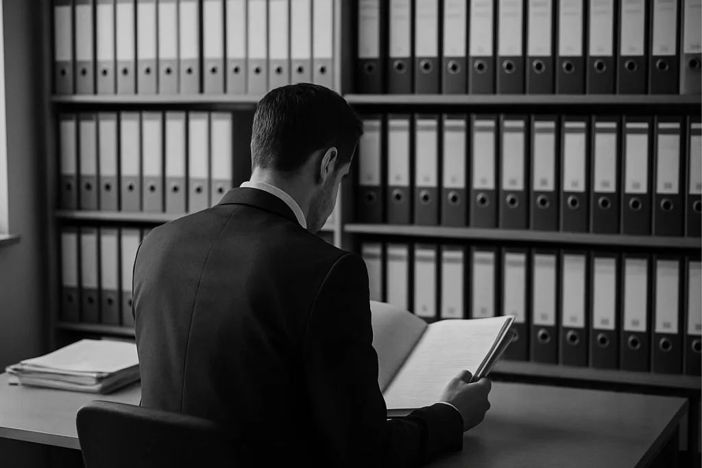 Un agent d'assurance consultant des dossiers dans un bureau, vue de dos.