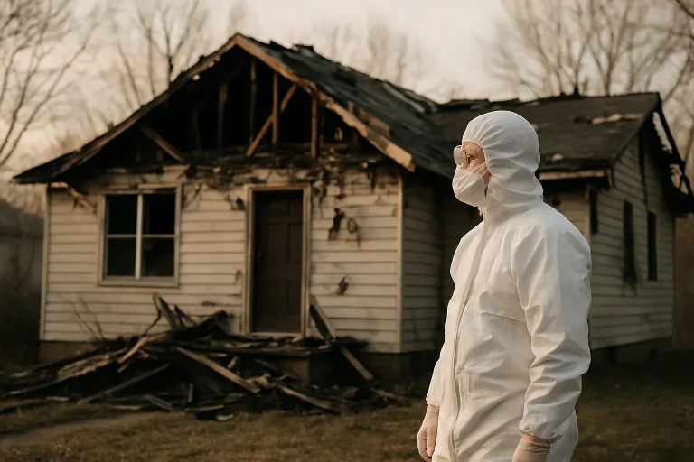 Un expert en protection examine une maison endommagée, éclairée par une lumière douce.