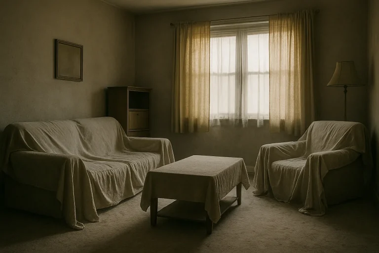 Intérieur d'une maison avec meubles couverts de draps, lumière douce à travers les rideaux