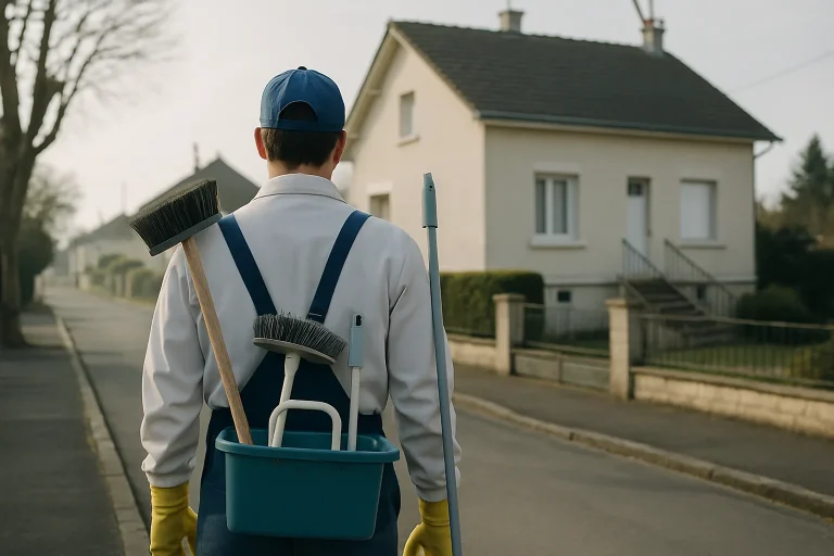 Un professionnel en tenue de nettoyage observe une maison à Nevers, rue calme en arrière-plan.