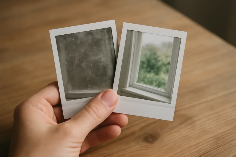Deux photos polaroïd montrant un espace avant et après nettoyage sur une table en bois.