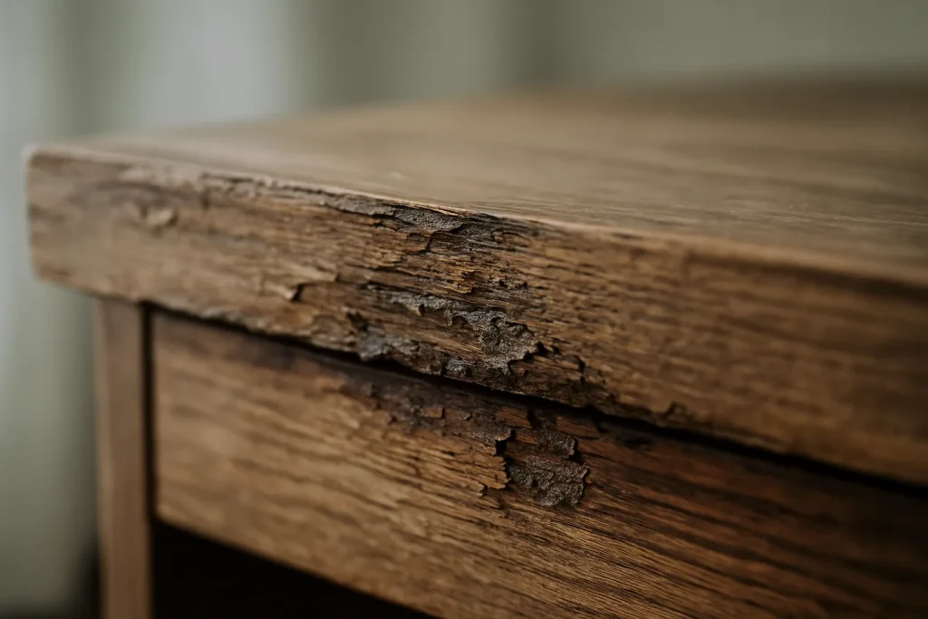 Gros plan d'un meuble en bois endommagé par l'eau, montrant les traces de détérioration.