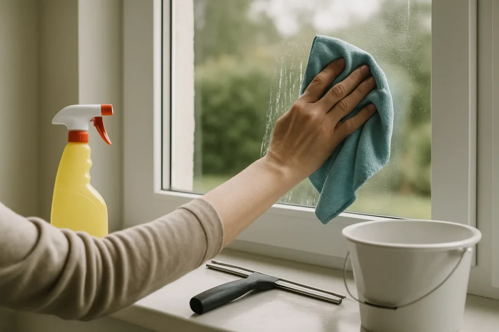 Mains nettoyant une fenêtre avec vue sur le jardin, outils visibles, intérieur de maison.