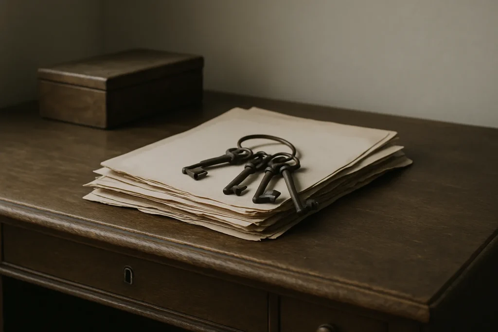 Bureau ancien avec papiers et clés, symbolisant la succession.