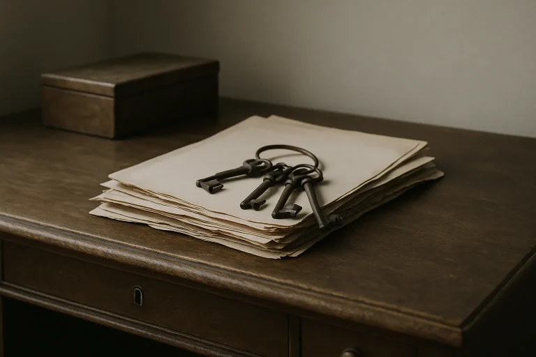 Bureau ancien avec papiers et clés, symbolisant la succession.