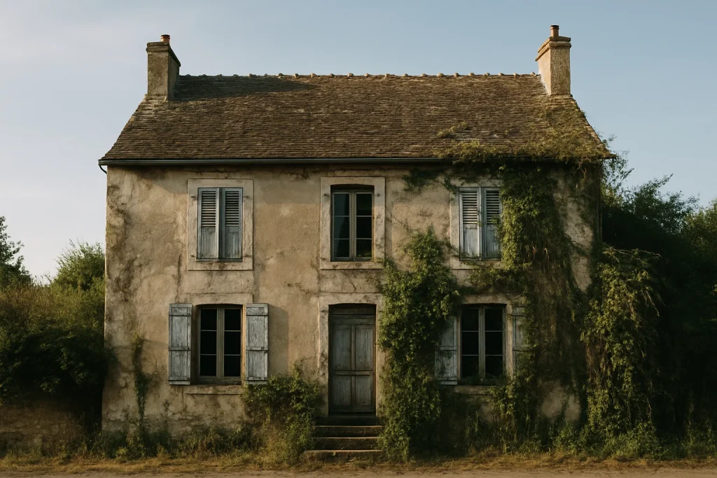 Vieille maison à La Charité-sur-Loire avec façade usée et végétation abondante.