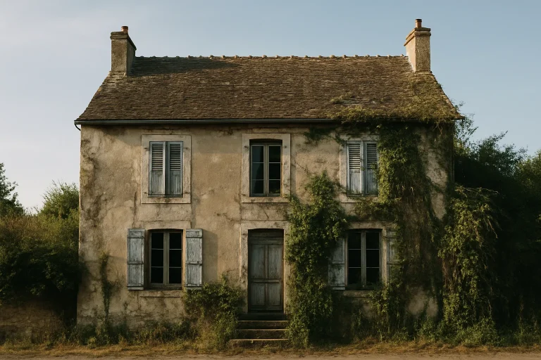 Vieille maison à La Charité-sur-Loire avec façade usée et végétation abondante.