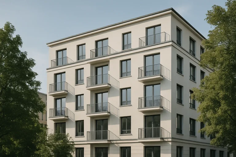 Façade d'un immeuble urbain rénové, arbres et ciel dégagé en arrière-plan