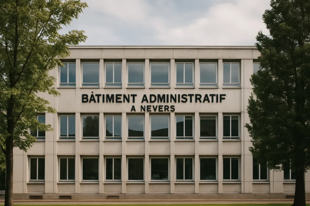 Bâtiment administratif à Nevers, ciel nuageux, arbres en avant-plan.