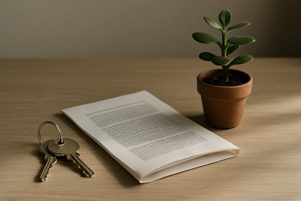 Table avec clés, document juridique plié et plante en pot, éclairée latéralement.
