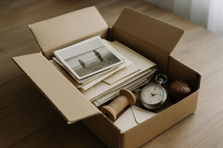 Boîte en carton contenant des souvenirs personnels, éclairée par une douce lumière naturelle.